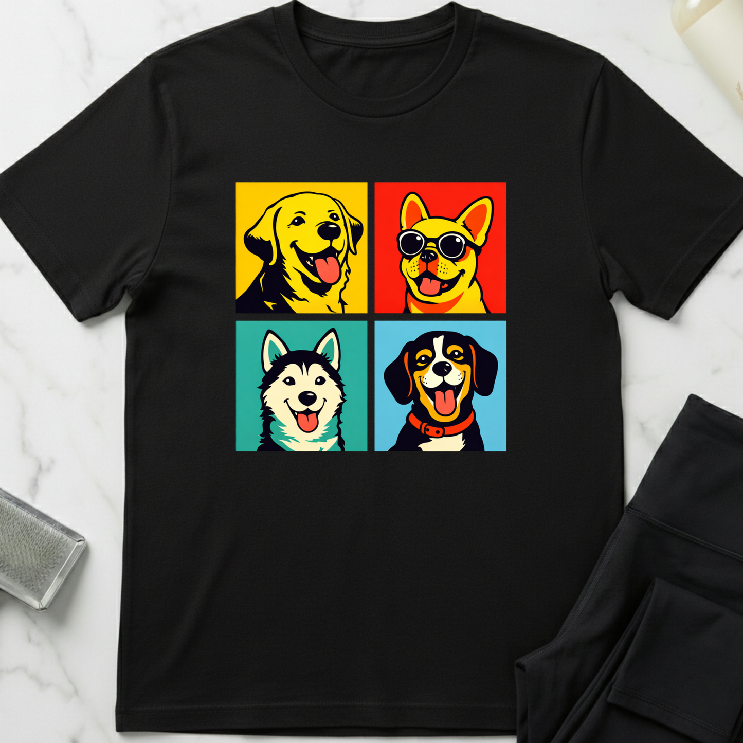 Black t-shirt with four dog illustrations in colorful squares on a marble surface. Minimalist dog apparel by pemuyo.