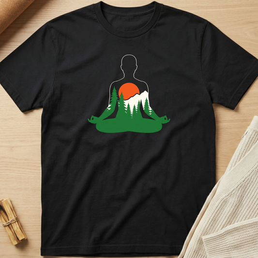 Black t-shirt with a silhouette of a person meditating on a green landscape with a red sun, placed on a wooden surface. Minimalist yoga apparel by pemuyo.