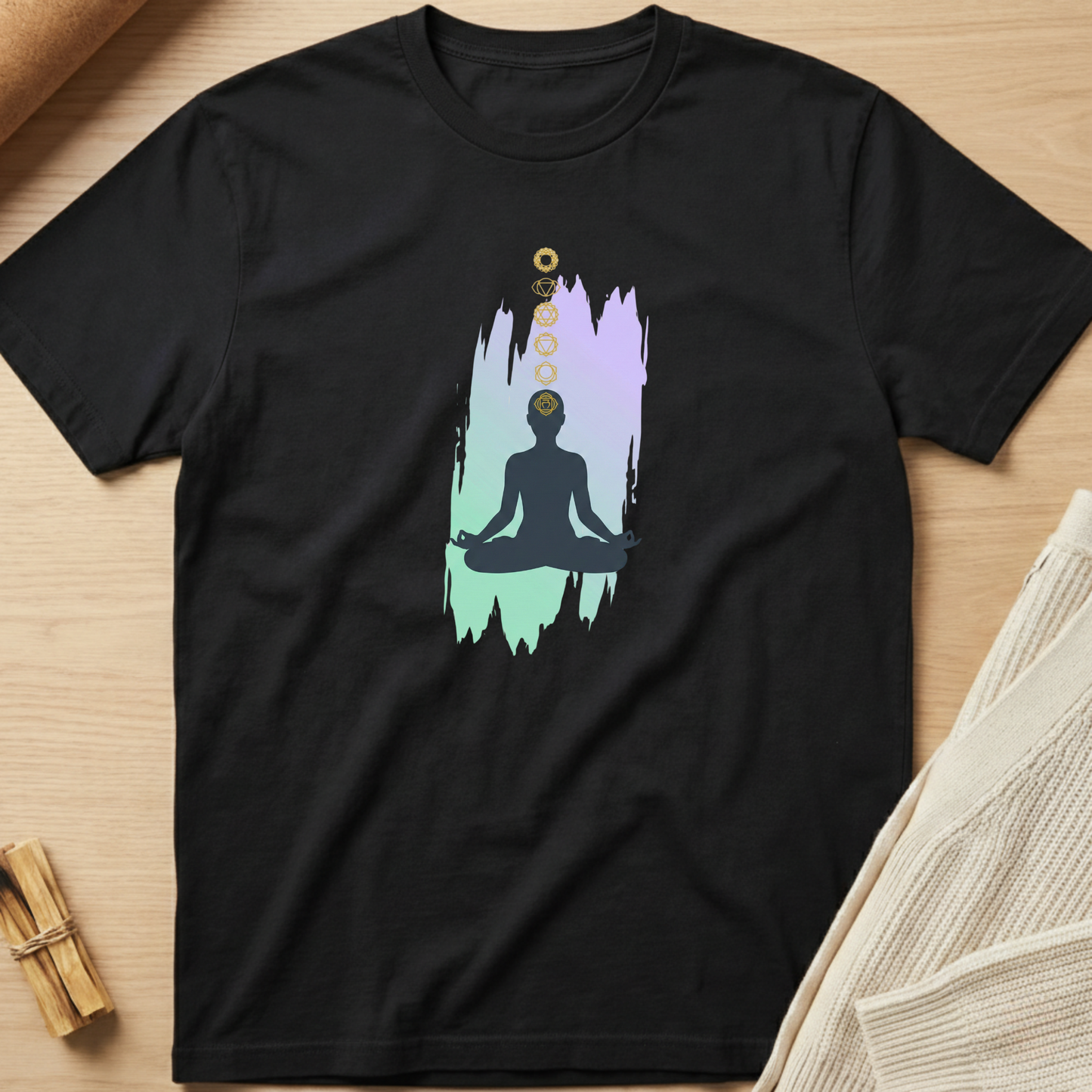 Black t-shirt with a meditation graphic on a wooden surface. Minimalist yoga apparel by pemuyo.