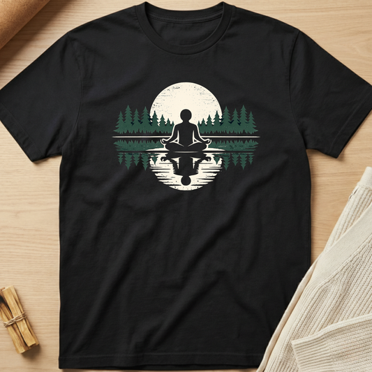 Black t-shirt with a meditation design featuring a person sitting in a lotus position over water with trees and a moon in the background, on a wooden surface. Minimalist yoga apparel by pemuyo.
