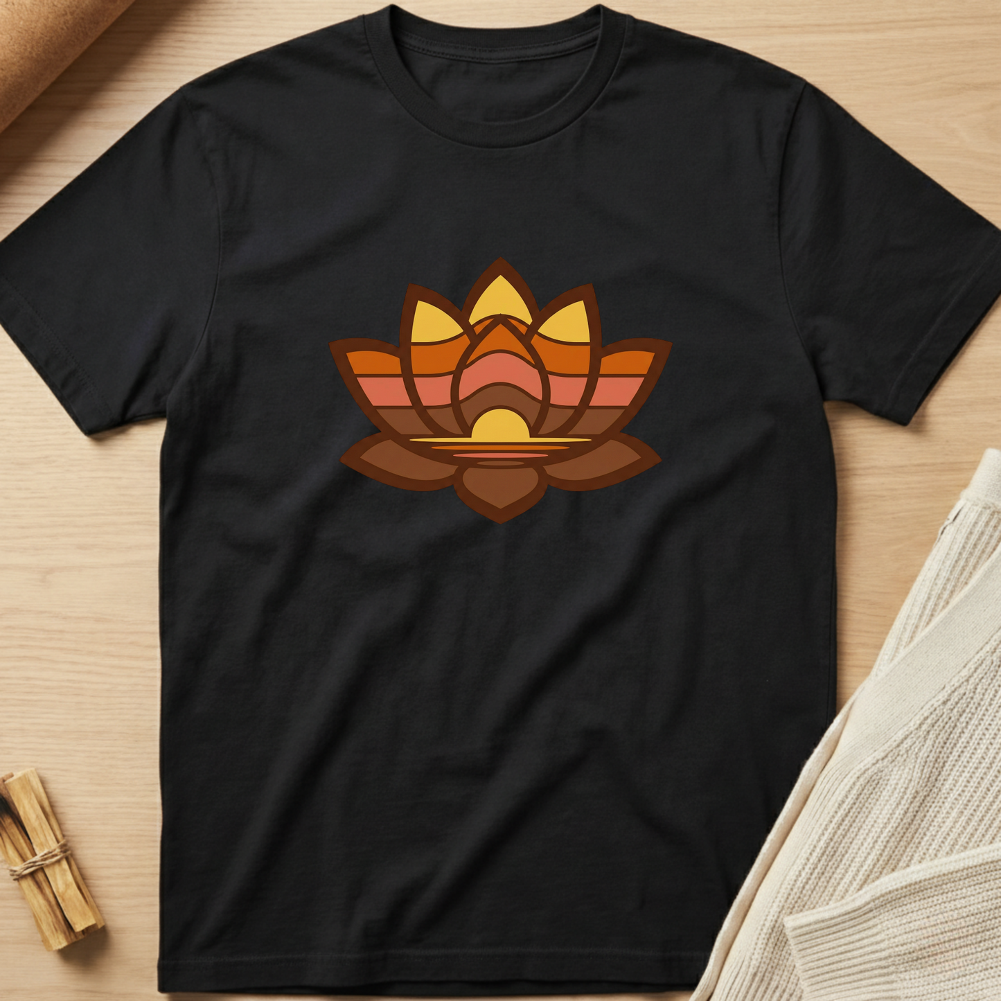 Black t-shirt with a colorful lotus flower design on a wooden surface. Minimalist yoga apparel by pemuyo.