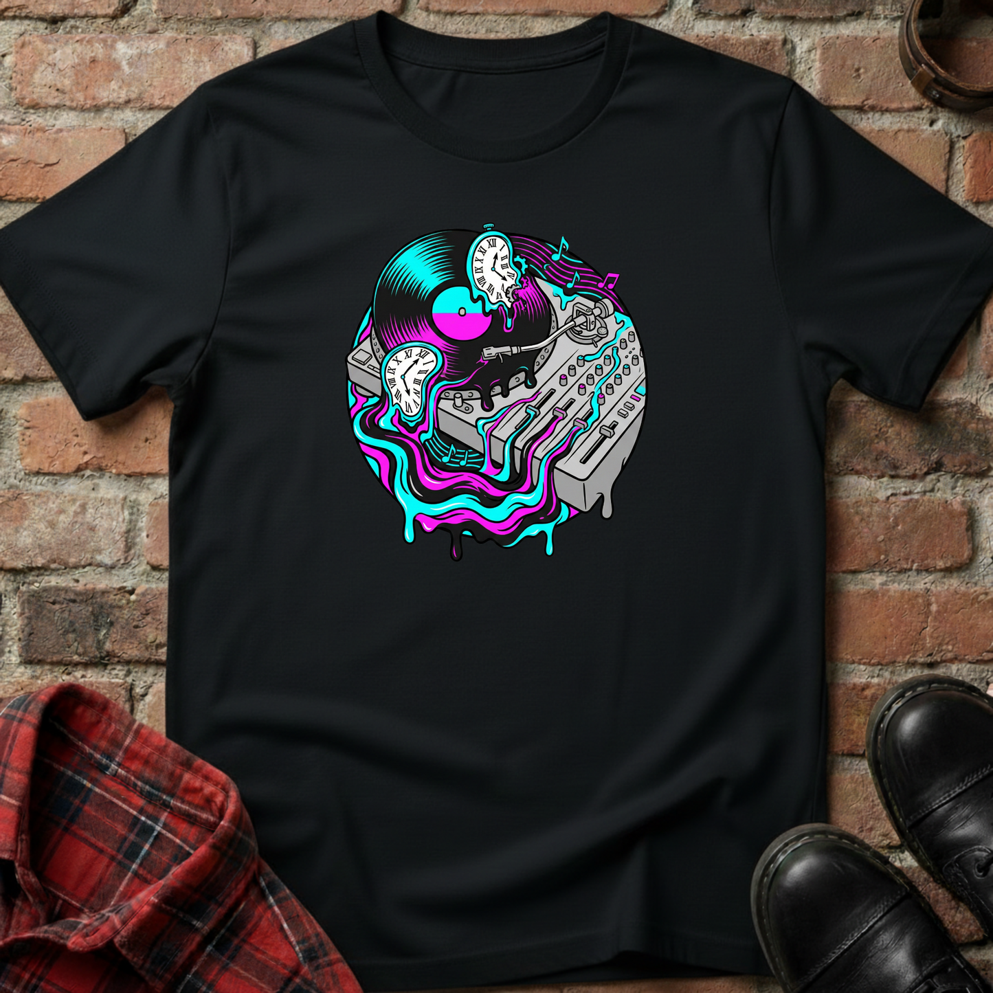 Black t-shirt with colorful graphic design on a brick wall background. Minimalist music apparel by pemuyo.