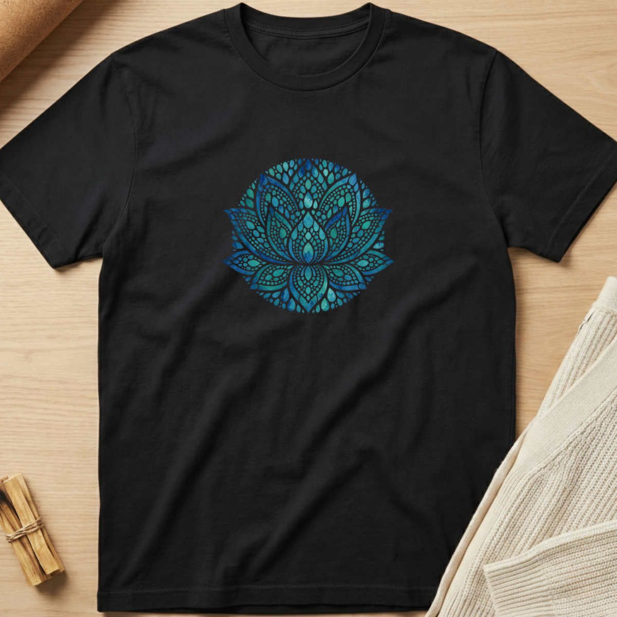 A black short-sleeve crewneck t-shirt laid flat on a light wood surface, featuring a colorful circular mandala graphic in shades of blue, teal, and purple on the chest. Minimalist yoga apparel by pemuyo.