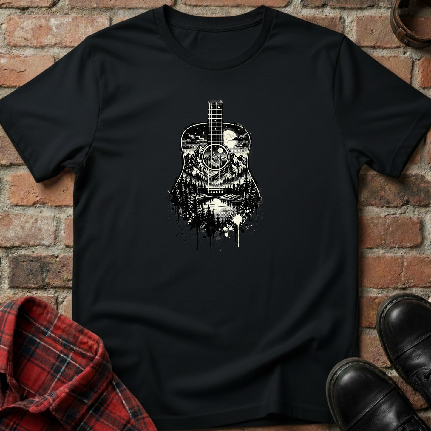 Black and White Mountain Guitar T-Shirt