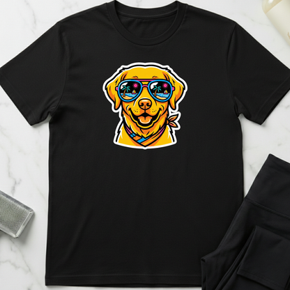 Black t-shirt with a dog wearing sunglasses graphic on a marble surface. Minimalist dog apparel by pemuyo.