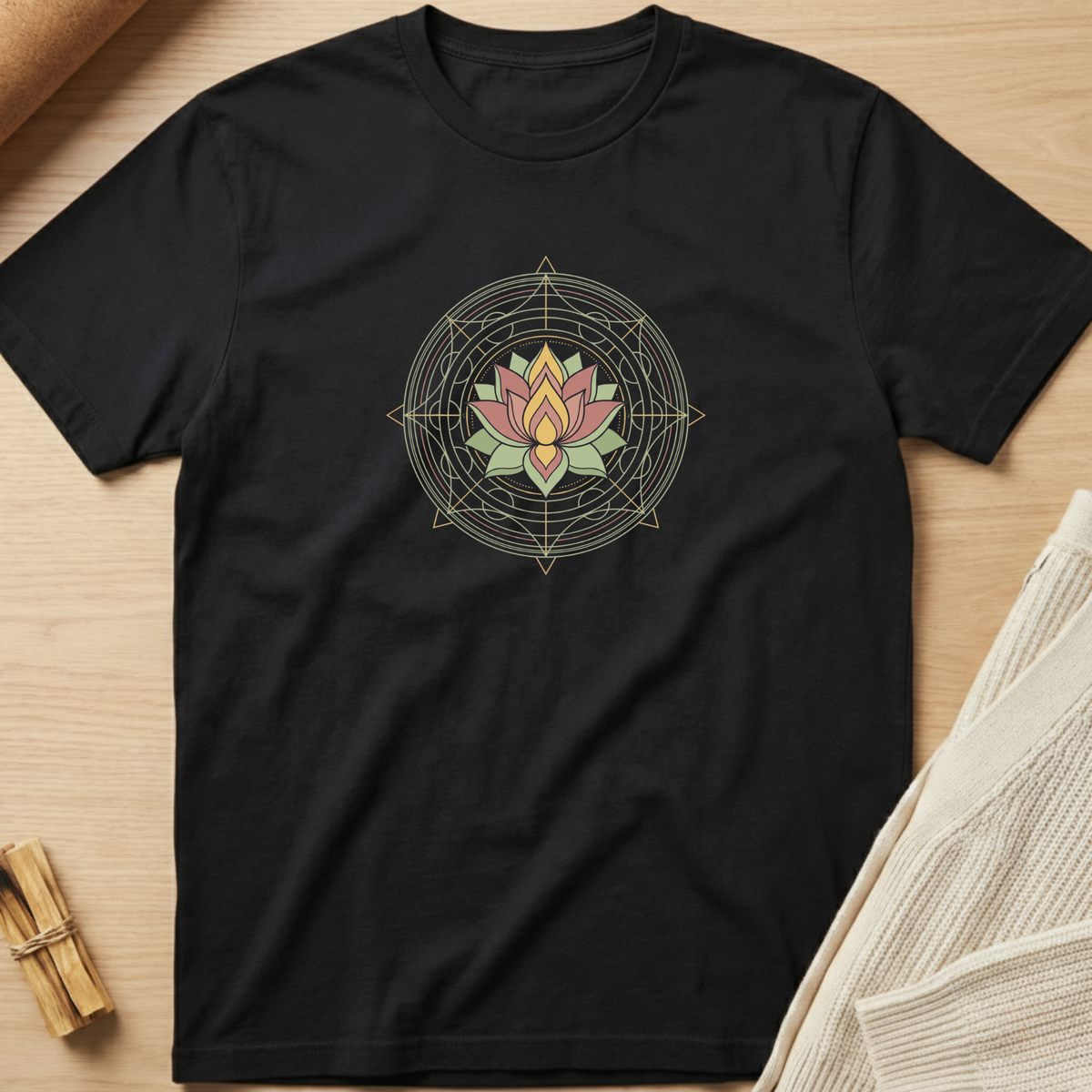 A black short-sleeve t-shirt laid flat on a light wood surface, featuring a central lotus flower graphic surrounded by geometric circular lines in muted green, pink, and gold tones. Decorative props are partially visible at the edges, including a rolled fabric and a bundle of wooden sticks. Minimalist yoga apparel by pemuyo.
