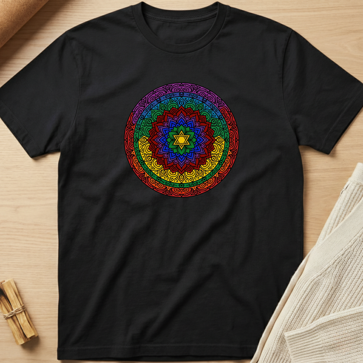 Black t-shirt with a colorful mandala design on a wooden surface. Minimalist yoga apparel by pemuyo.