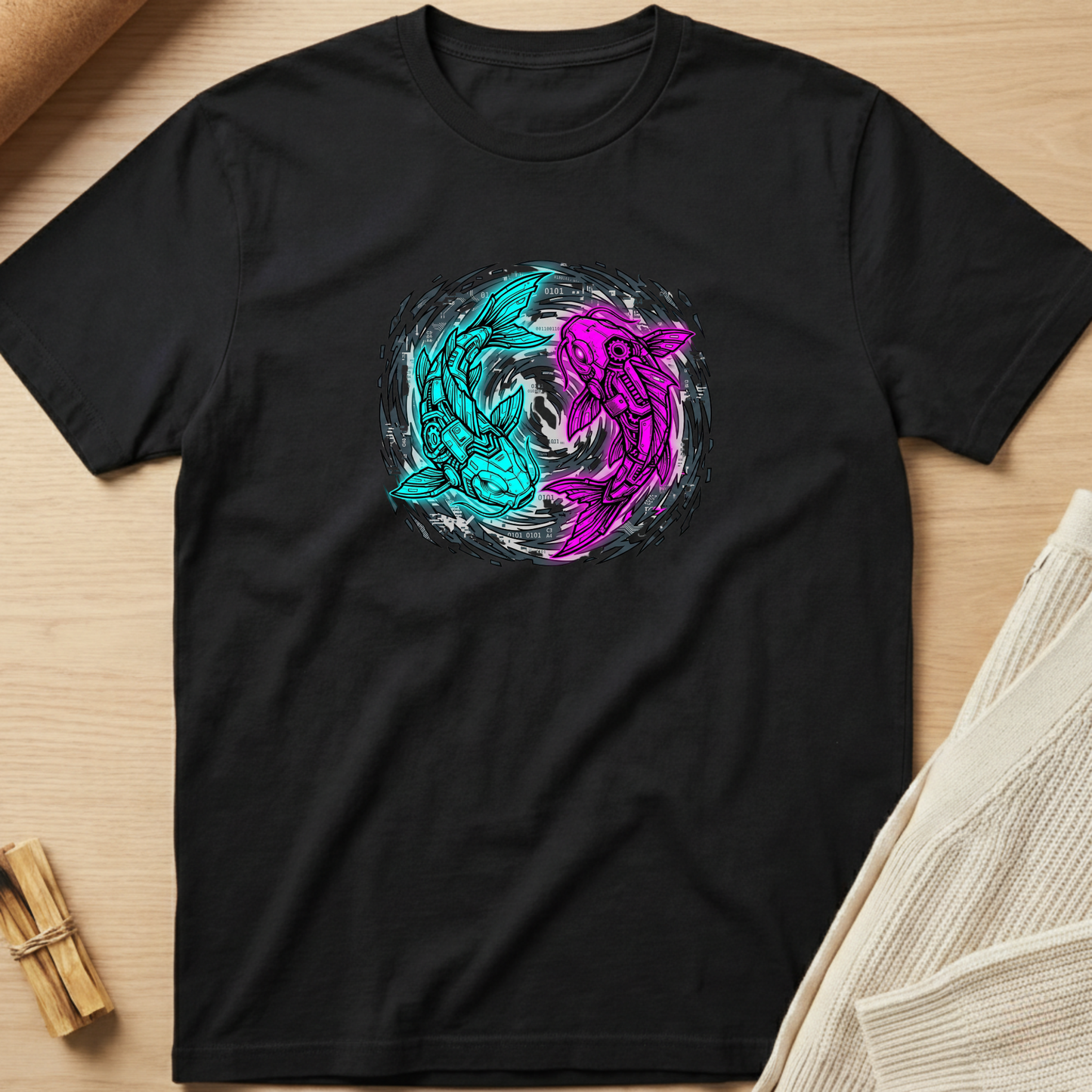 Black t-shirt with a colorful koi design on a wooden surface. Minimalist yoga apparel by pemuyo.