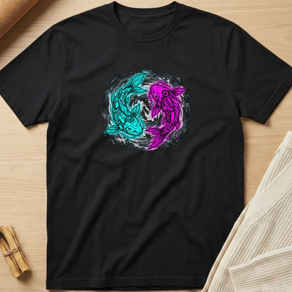 Black t-shirt with a colorful koi design on a wooden surface. Minimalist yoga apparel by pemuyo.