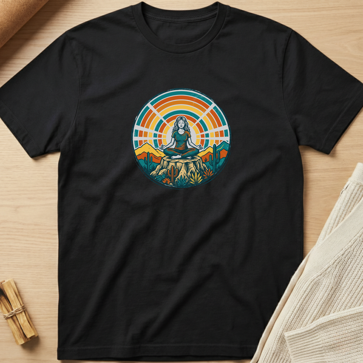 A black short-sleeve crewneck t-shirt laid flat on a light wood surface, featuring a colorful circular graphic of a meditating woman surrounded by mountains and a sunset. Minimalist yoga apparel by pemuyo.