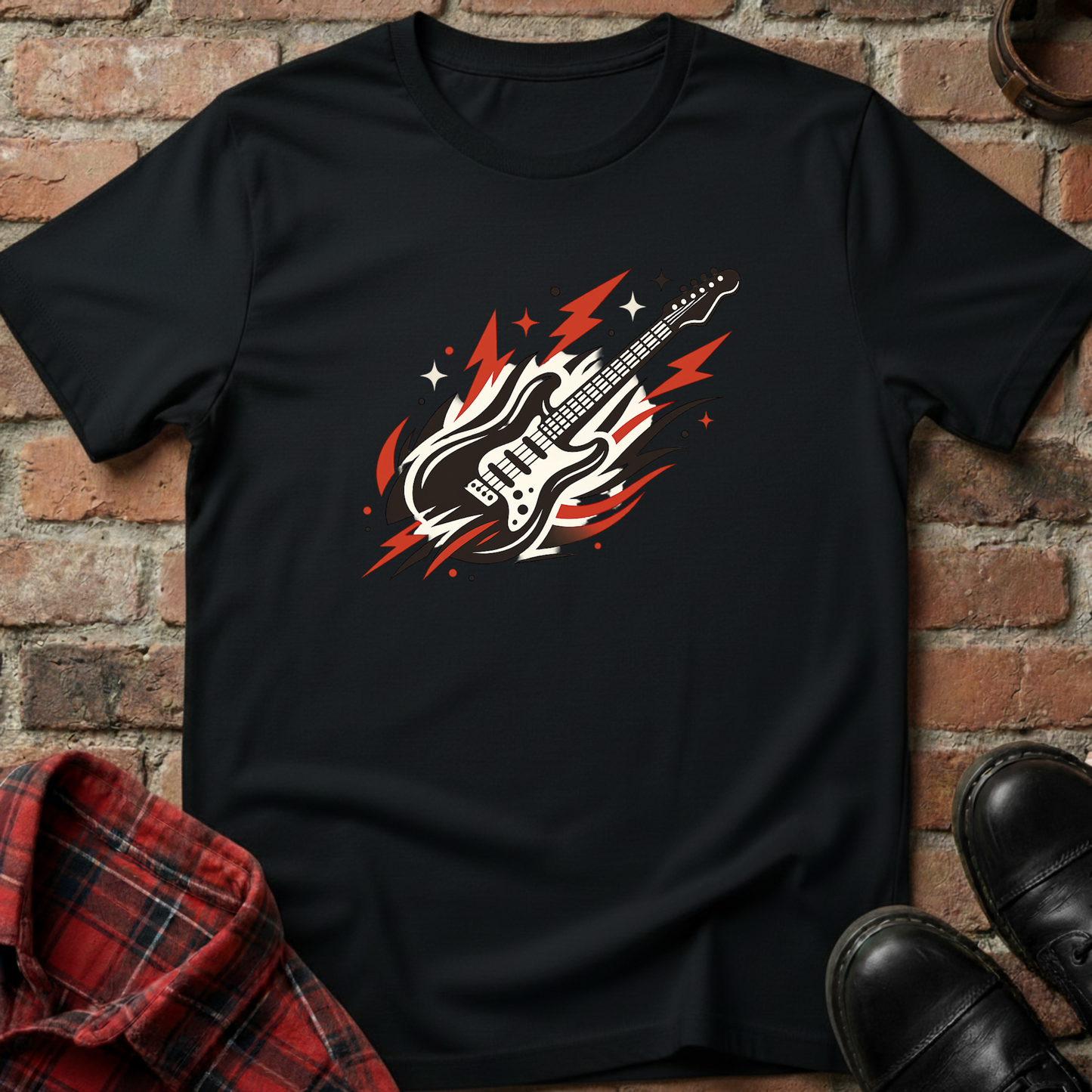 Black t-shirt with a guitar graphic on a brick background. Minimalist music apparel by pemuyo.