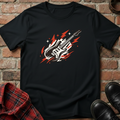 Black t-shirt with a guitar graphic on a brick background. Minimalist music apparel by pemuyo.