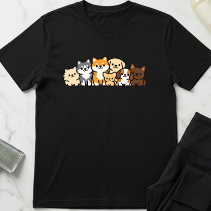 Black t-shirt with cartoon dog illustrations on a white marble surface. Minimalist dog apparel by pemuyo.