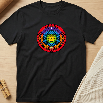 Black t-shirt with a colorful mandala design on a wooden surface. Minimalist yoga apparel by pemuyo.