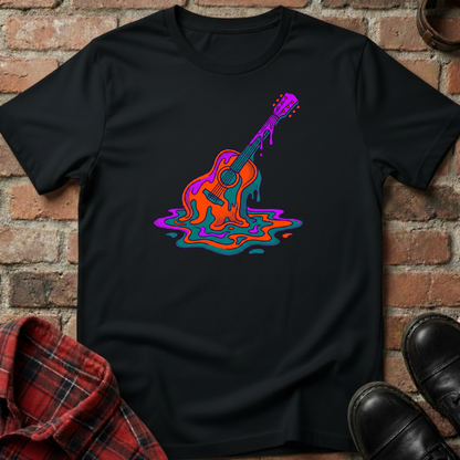 Black t-shirt with colorful guitar design on a brick wall background. Minimalist music apparel by pemuyo.