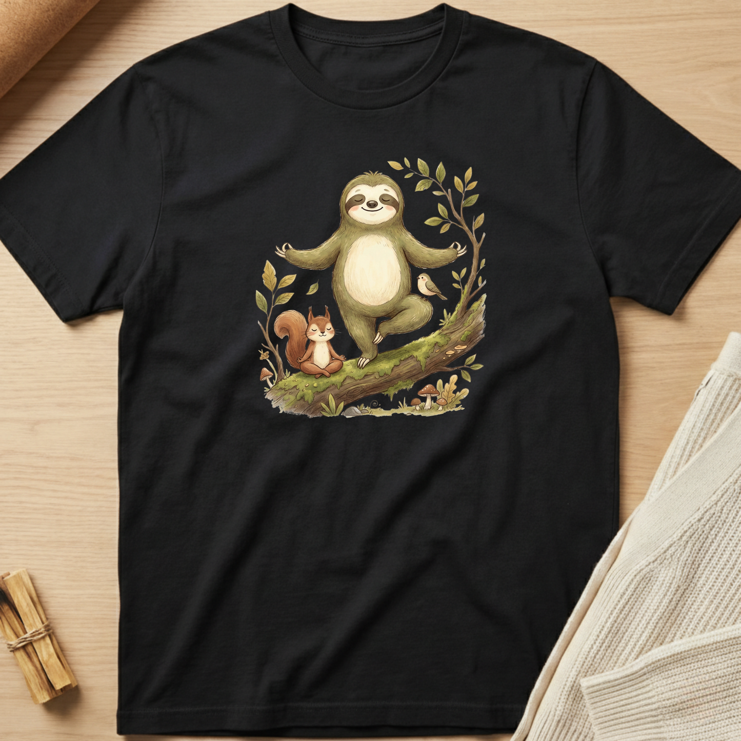 Black t-shirt with a sloth and squirrel design on a wooden surface. Minimalist yoga apparel by pemuyo.