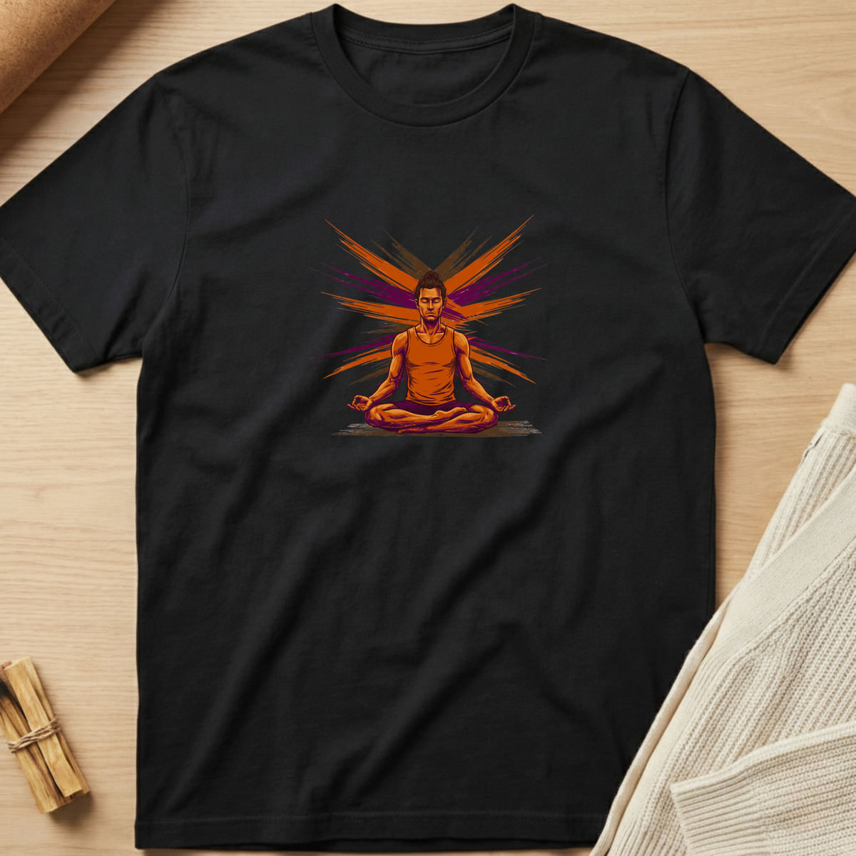 A black short-sleeve crewneck t-shirt laid flat on a light wood surface, featuring a colorful graphic of a man meditating with orange and purple rays behind him. Styled flat-lay props include a rolled beige towel, a small bundle of wooden sticks, and a folded cream knit fabric at the edges. Minimalist yoga apparel by pemuyo.