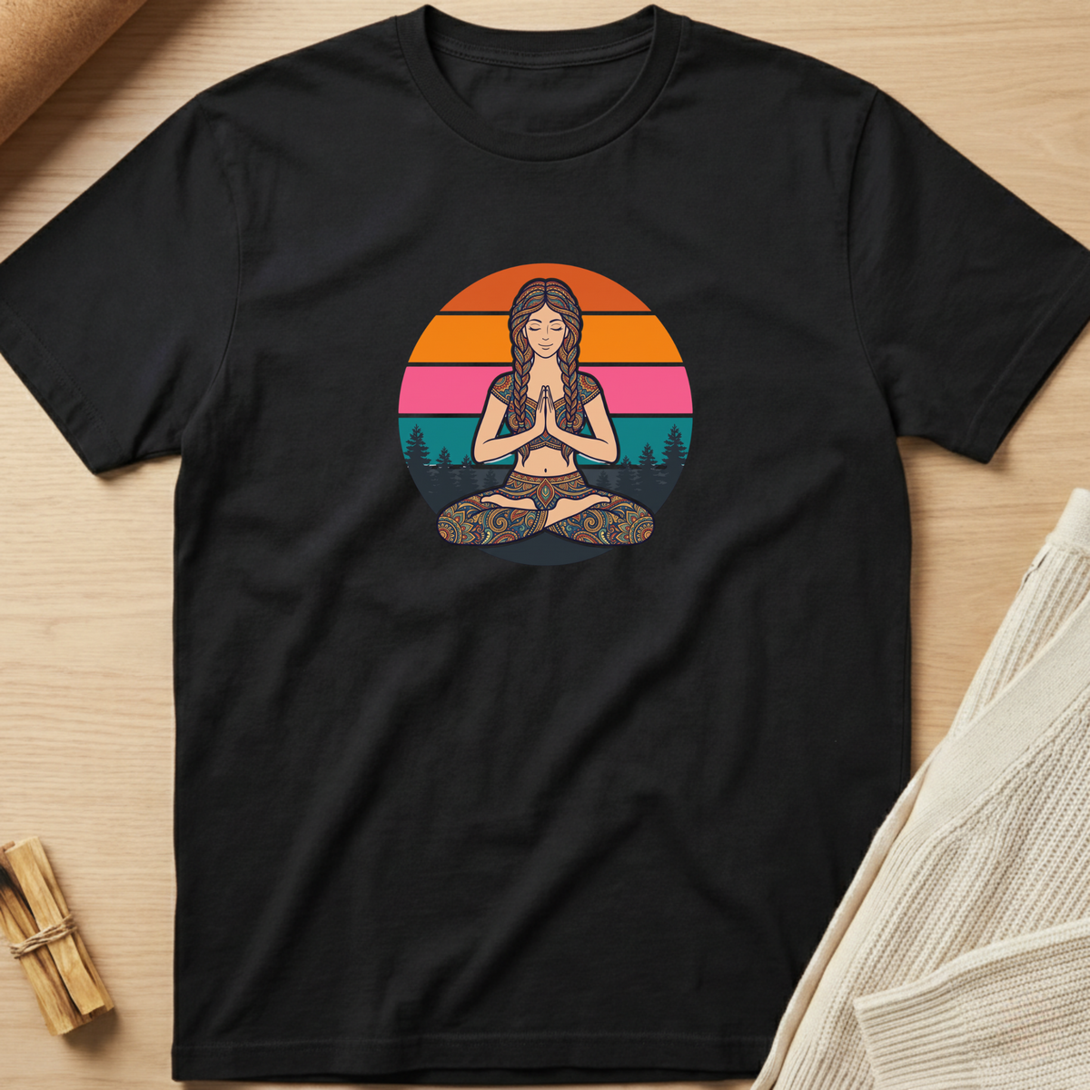 A black short-sleeve t-shirt laid flat on a light wood surface, featuring a colorful retro-style graphic of a woman meditating in front of a sunset circle with pink, orange, and yellow stripes. Minimalist yoga apparel by pemuyo.