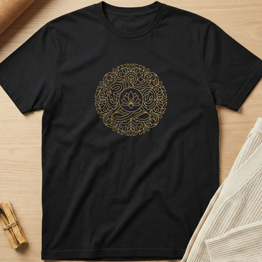 A black short-sleeve crewneck t-shirt with a gold circular mandala-style graphic on the chest, laid flat on a light wood surface with neutral props. Minimalist yoga apparel by pemuyo.