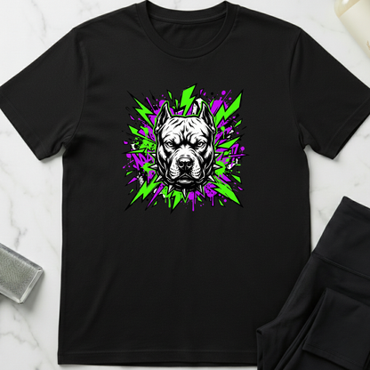Black t-shirt with a dog graphic design on a marble surface. Minimalist dog apparel by pemuyo.