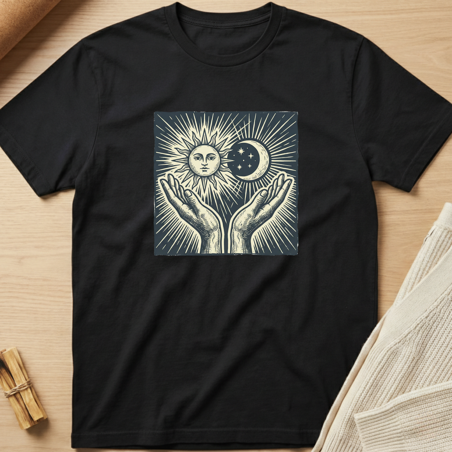 Black t-shirt with a graphic design of hands holding a sun and moon on a wooden surface. Minimalist yoga apparel by pemuyo.