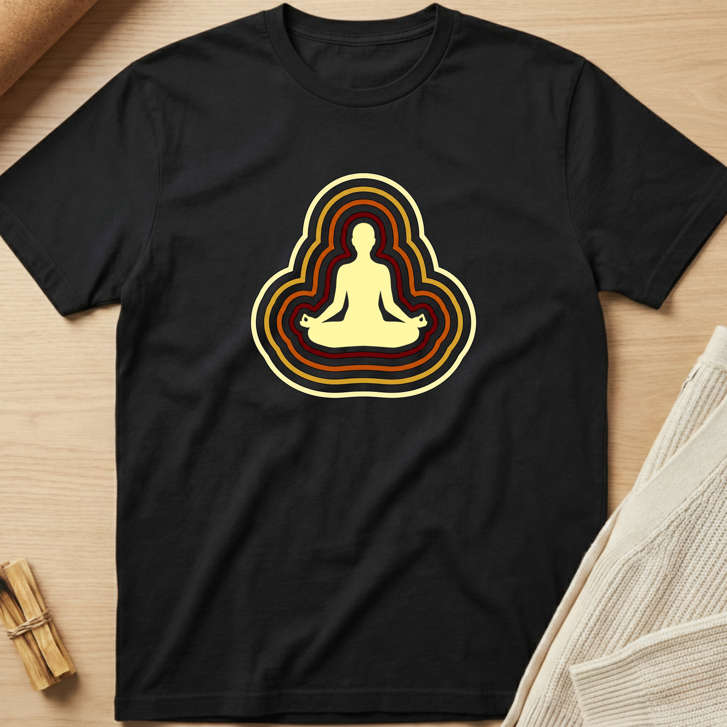 Black t-shirt with a meditating figure design on a wooden surface. Minimalist yoga apparel by pemuyo.