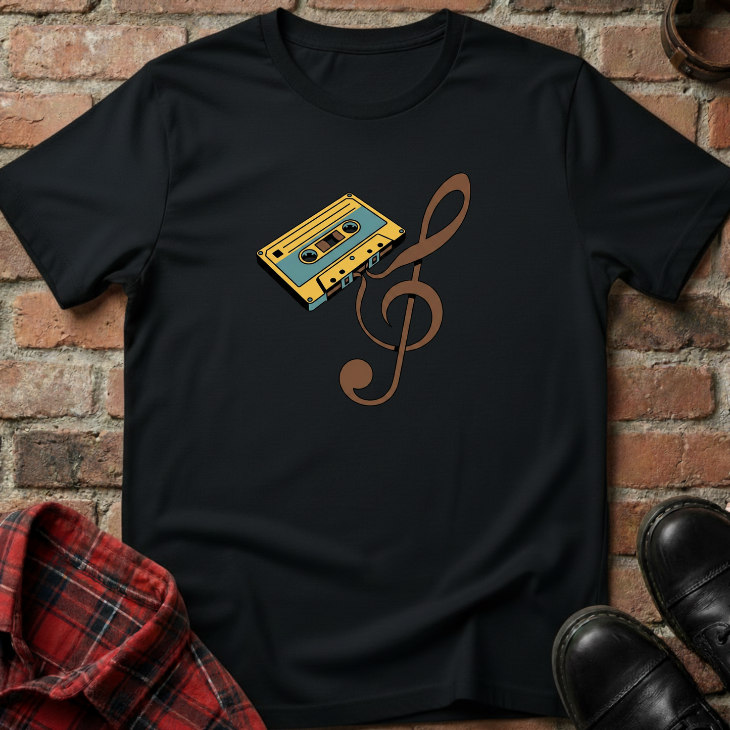 Black t-shirt with a cassette tape and music note design against a brick wall. Minimalist music apparel by pemuyo.