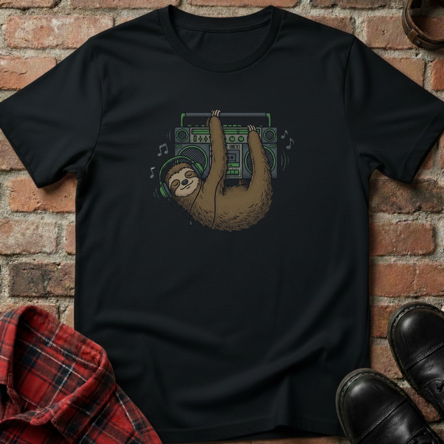 Black t-shirt with green headphone graphic on a brick wall background. Minimalist music apparel by pemuyo.