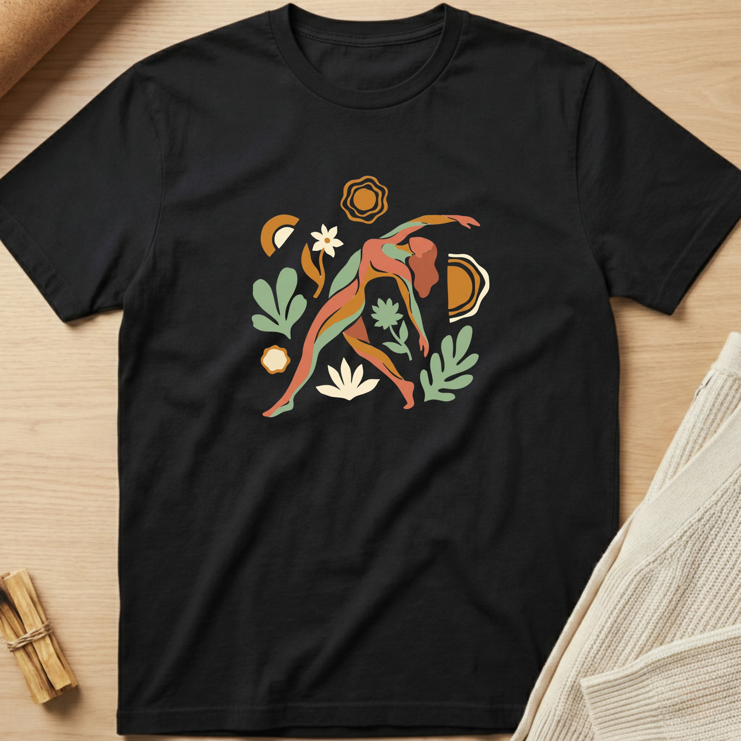 Black t-shirt with a colorful abstract design on a wooden surface. Minimalist yoga apparel by pemuyo.