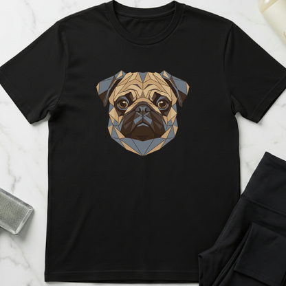 Black t-shirt with a geometric pug design on a marble surface. Minimalist dog apparel by pemuyo.