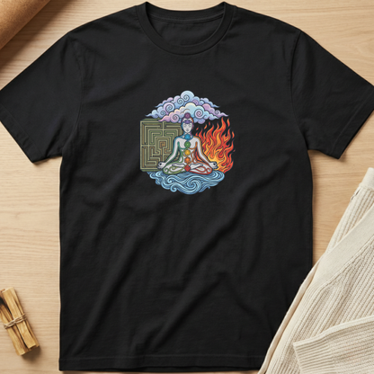 A black short-sleeve t-shirt laid flat on a light wood surface, featuring a colorful central graphic of a seated figure surrounded by clouds, a maze, and flames. Minimalist yoga apparel by pemuyo.