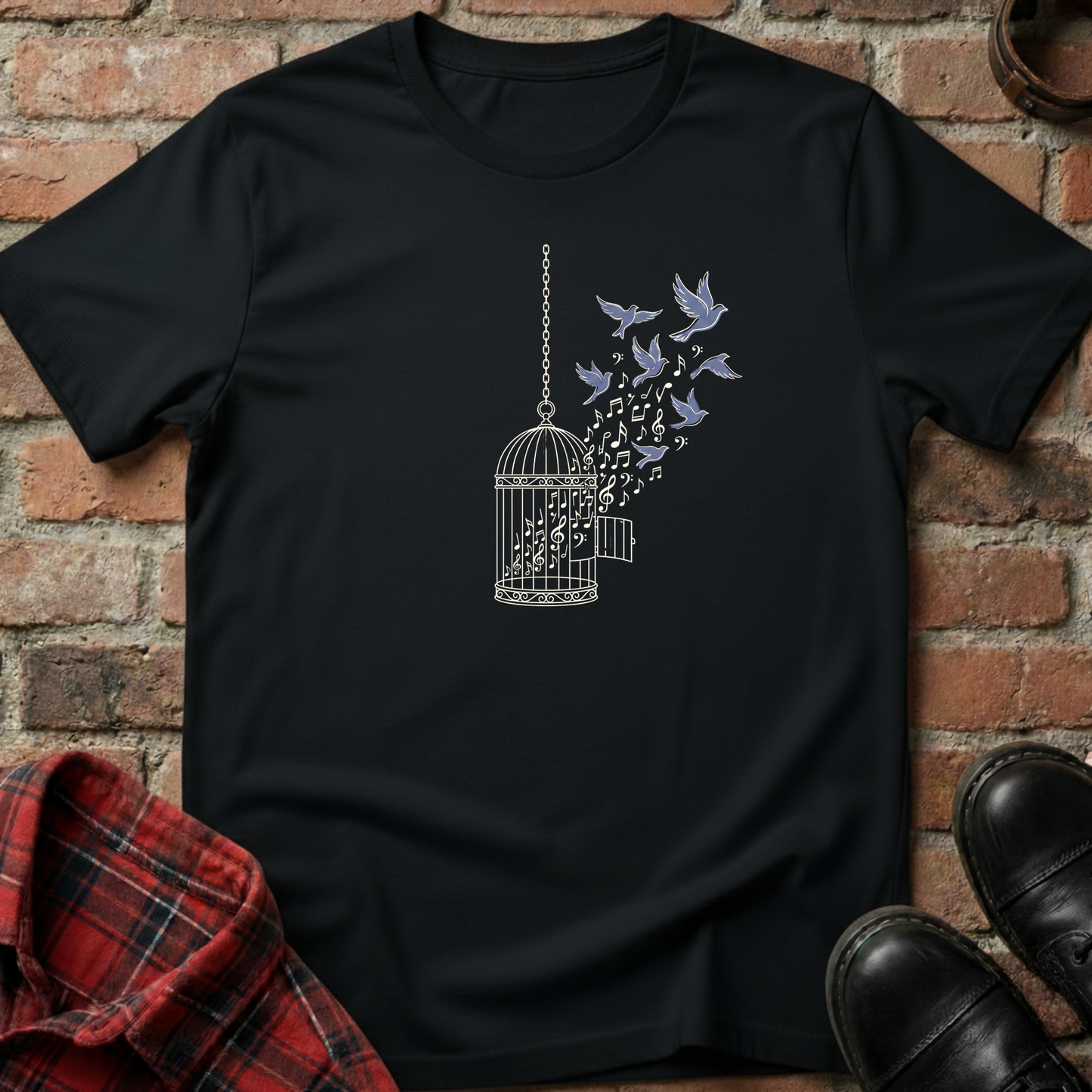 Black t-shirt with a birdcage and flying birds design on a brick background. Minimalist music apparel by pemuyo.
