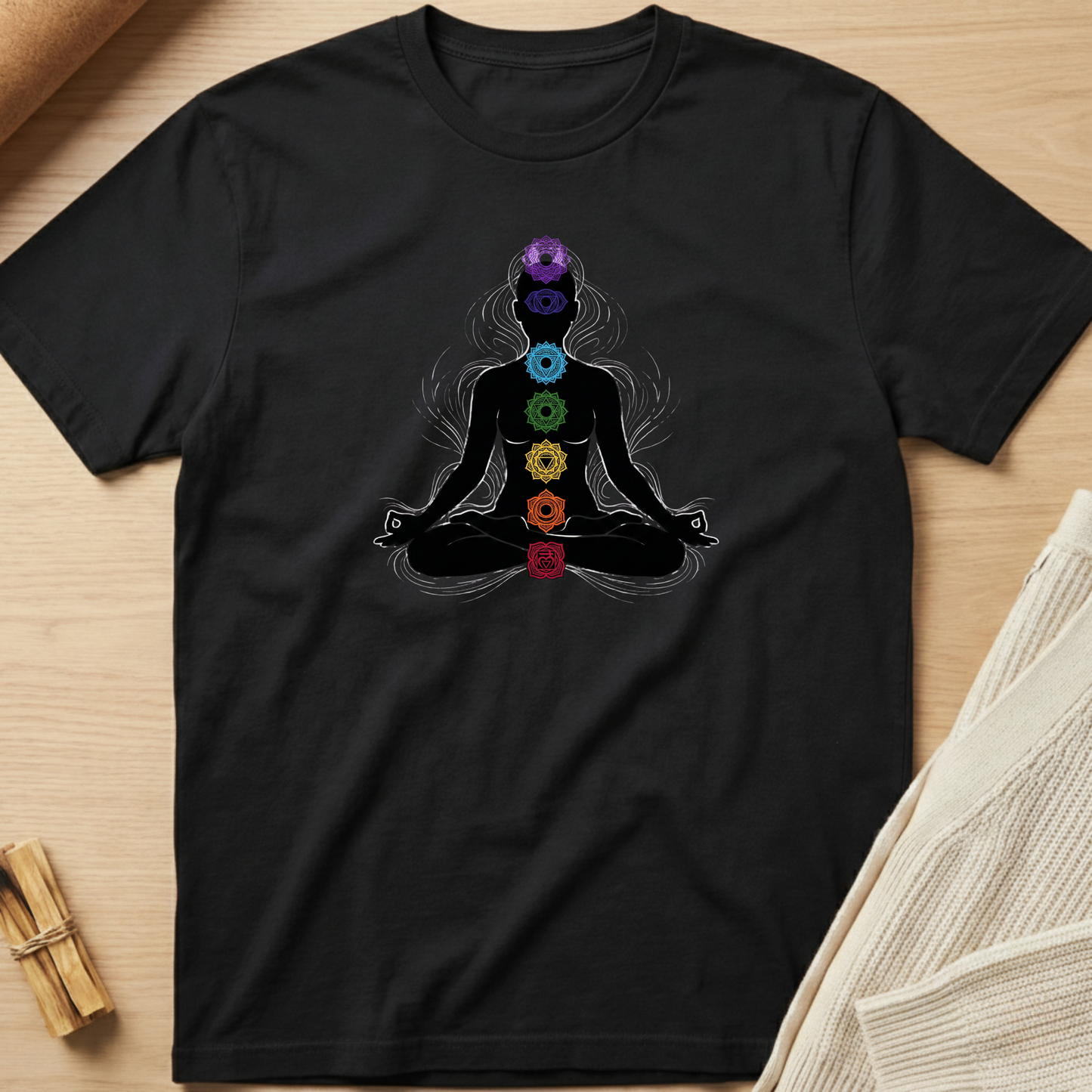 Black t-shirt with a colorful chakra design on a wooden surface. Minimalist yoga apparel by pemuyo.