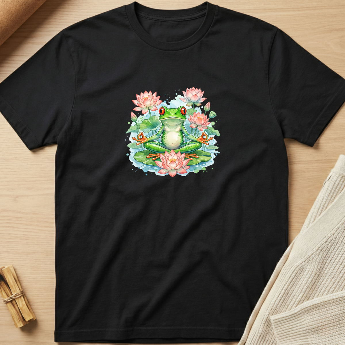 A black short-sleeve t-shirt laid flat on a light wood surface, featuring a colorful graphic of a green frog meditating in a pond with pink water lilies. Minimalist yoga apparel by pemuyo.