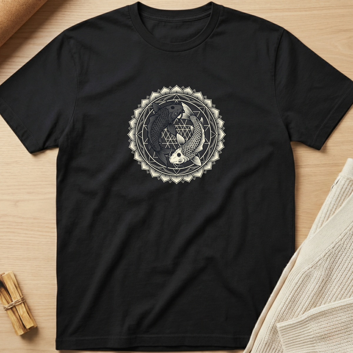 A black short-sleeve crewneck t-shirt laid flat on a light wood surface, featuring a circular koi fish graphic in cream and gray on the chest. Minimalist yoga apparel by pemuyo.