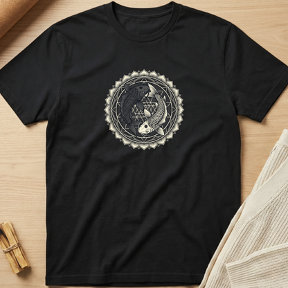 A black short-sleeve crewneck t-shirt laid flat on a light wood surface, featuring a circular koi fish graphic in cream and gray on the chest. Minimalist yoga apparel by pemuyo.