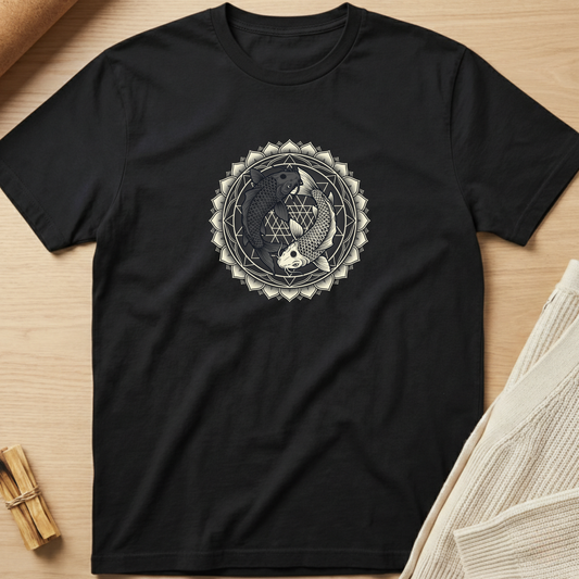 A black short-sleeve crewneck t-shirt laid flat on a light wood surface, featuring a circular koi fish graphic in cream and gray on the chest. Minimalist yoga apparel by pemuyo.