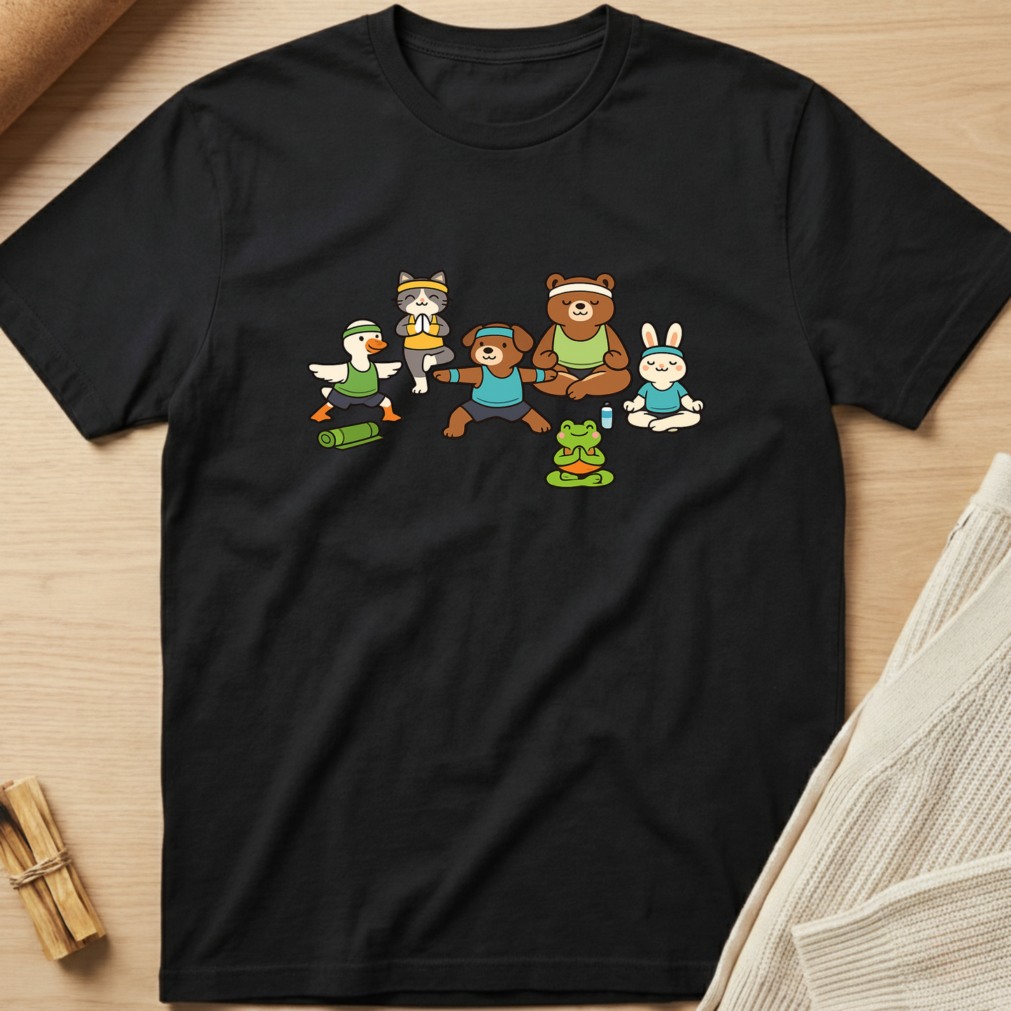 Black t-shirt with cartoon characters on a wooden surface. Minimalist yoga apparel by pemuyo.