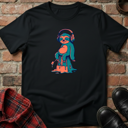 Black t-shirt with a colorful sloth graphic on a brick wall background. Minimalist music apparel by pemuyo.