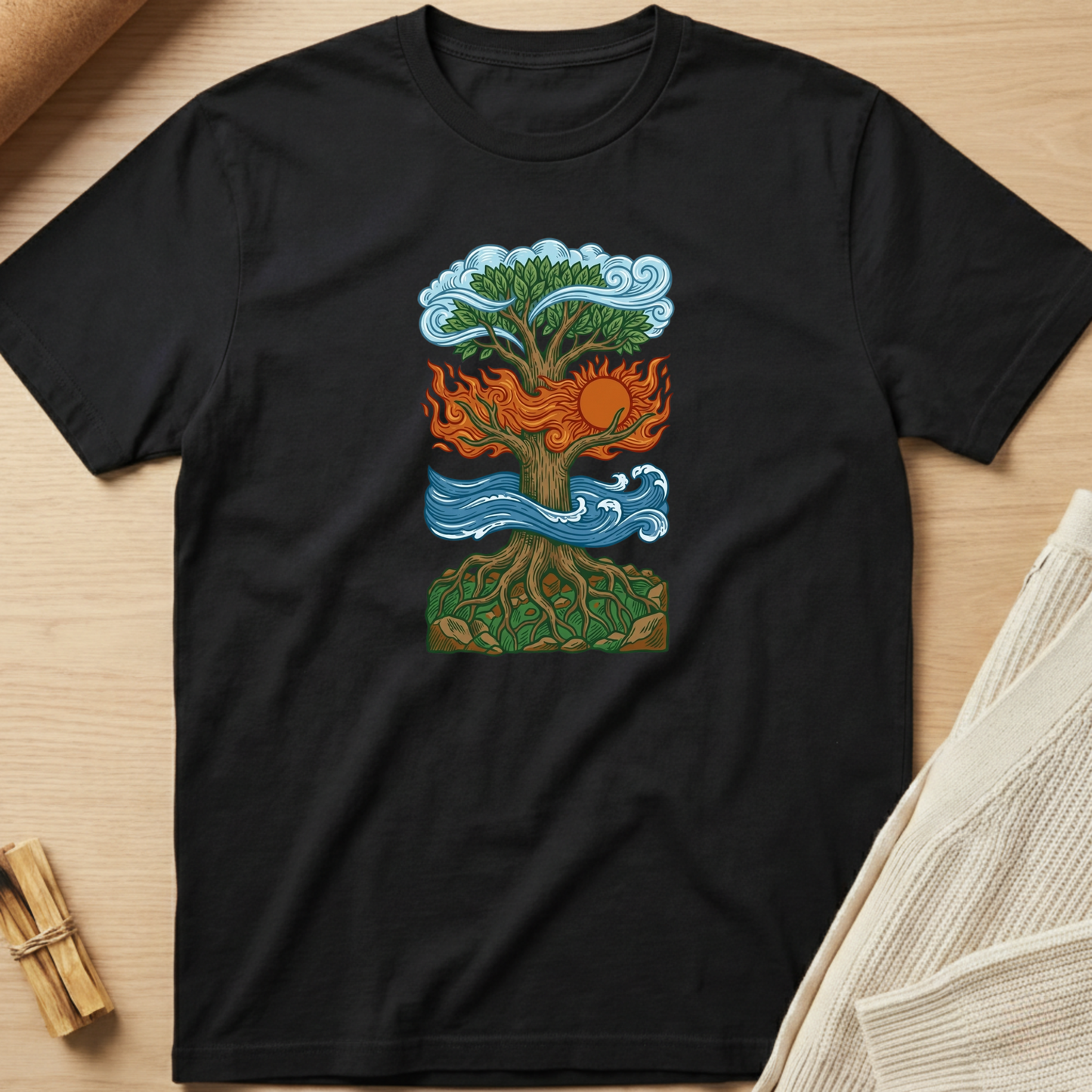 Black t-shirt with a colorful tree design on a wooden surface. Minimalist yoga apparel by pemuyo.