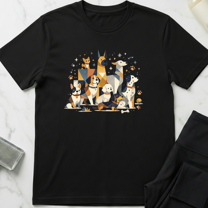 Black t-shirt with a colorful dog illustration on a white marble surface. Minimalist dog apparel by pemuyo.