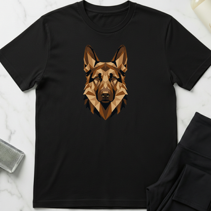 Black t-shirt with a geometric dog design on a white marble surface. Minimalist dog apparel by pemuyo.