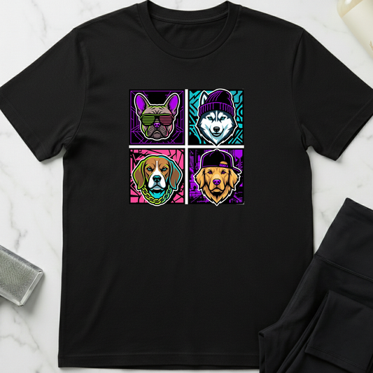 Black t-shirt with colorful dog illustrations on a white marble surface. Minimalist dog apparel by pemuyo.