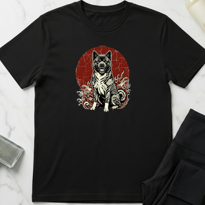Black t-shirt with a graphic of a dog and flames on a white marble surface. Minimalist dog apparel by pemuyo.