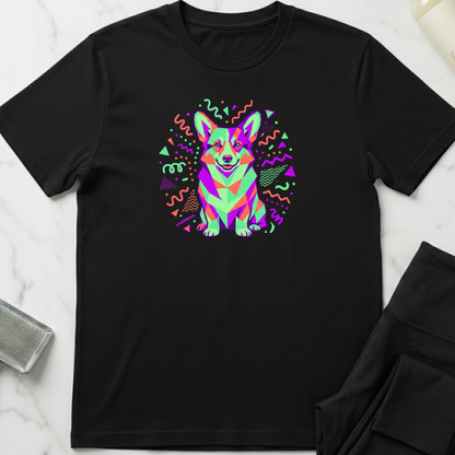 Black t-shirt with a colorful corgi graphic on a white marble surface. Minimalist dog apparel by pemuyo.