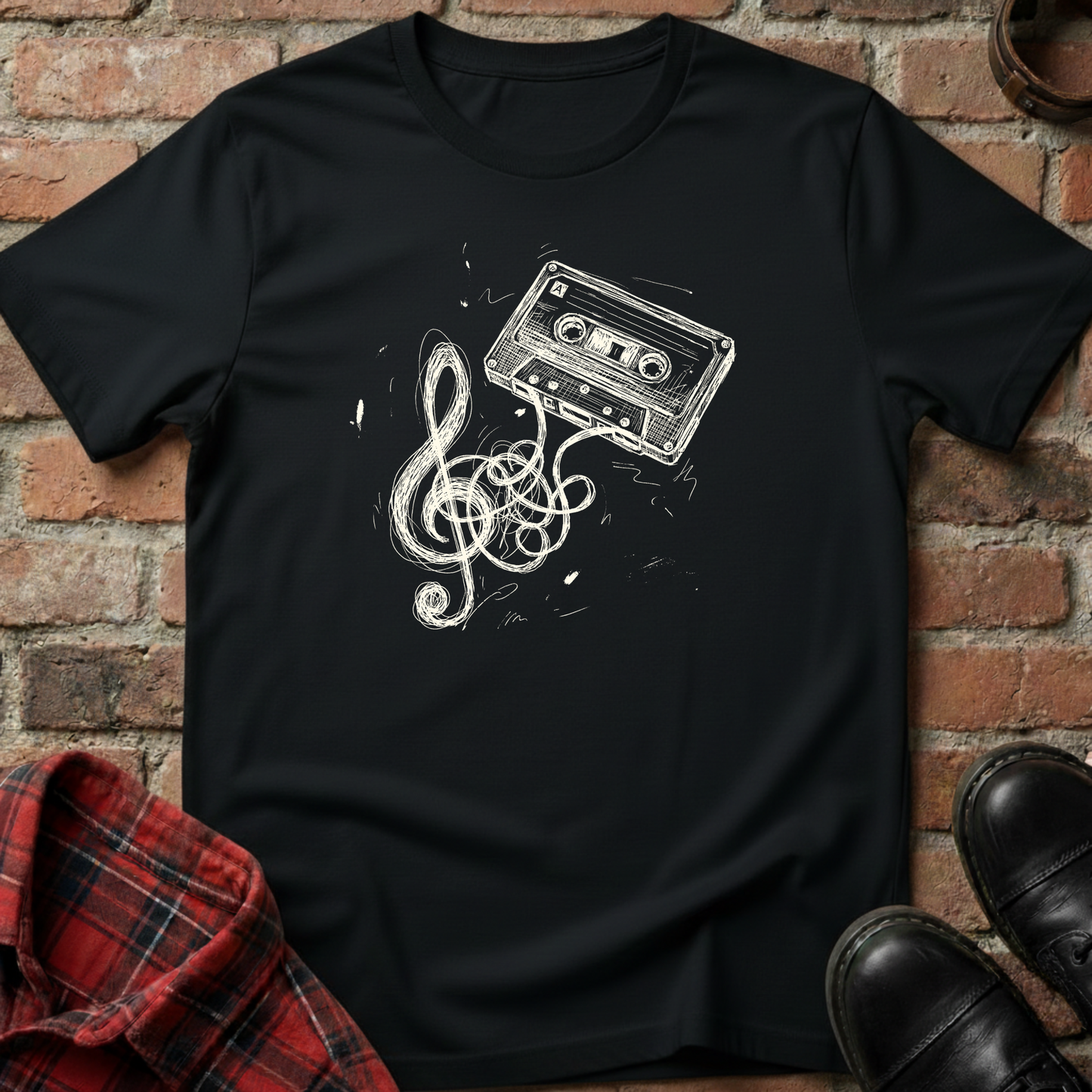 Black t-shirt with a cassette tape and music note design against a brick wall. Minimalist music apparel by pemuyo.