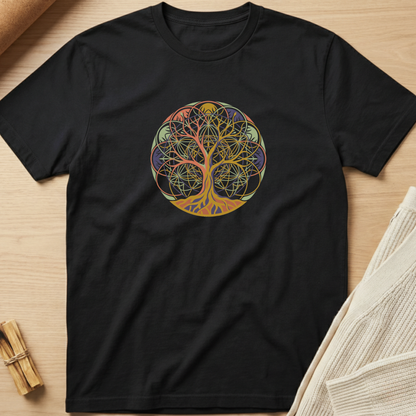 A black short-sleeve crewneck t-shirt laid flat on a light wood surface, featuring a colorful circular tree of life graphic printed on the chest. Styled flat-lay props include a rolled tan material in the top-left corner and a folded cream knit fabric in the bottom-right corner. Minimalist yoga apparel by pemuyo.