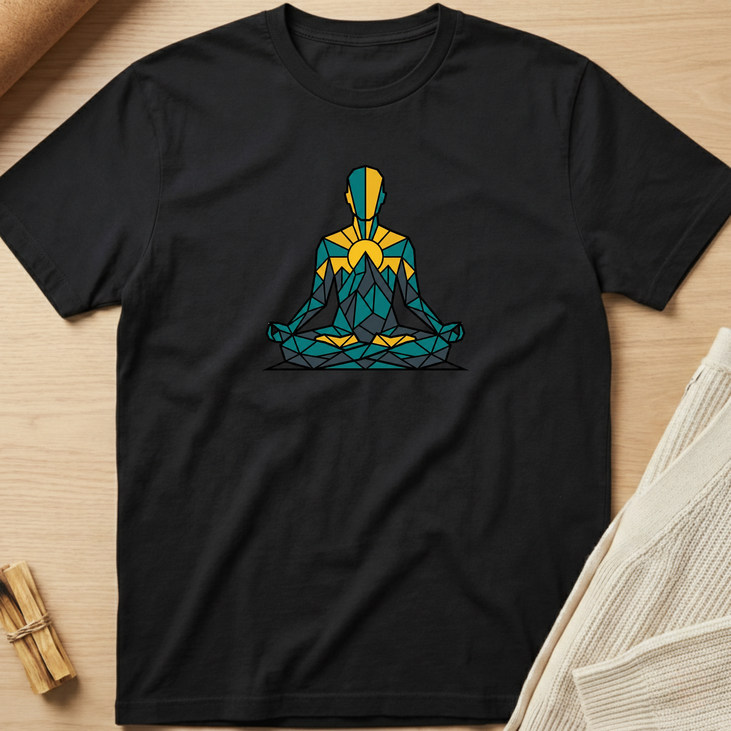 Black t-shirt with a colorful geometric design on a wooden surface. Minimalist yoga apparel by pemuyo.
