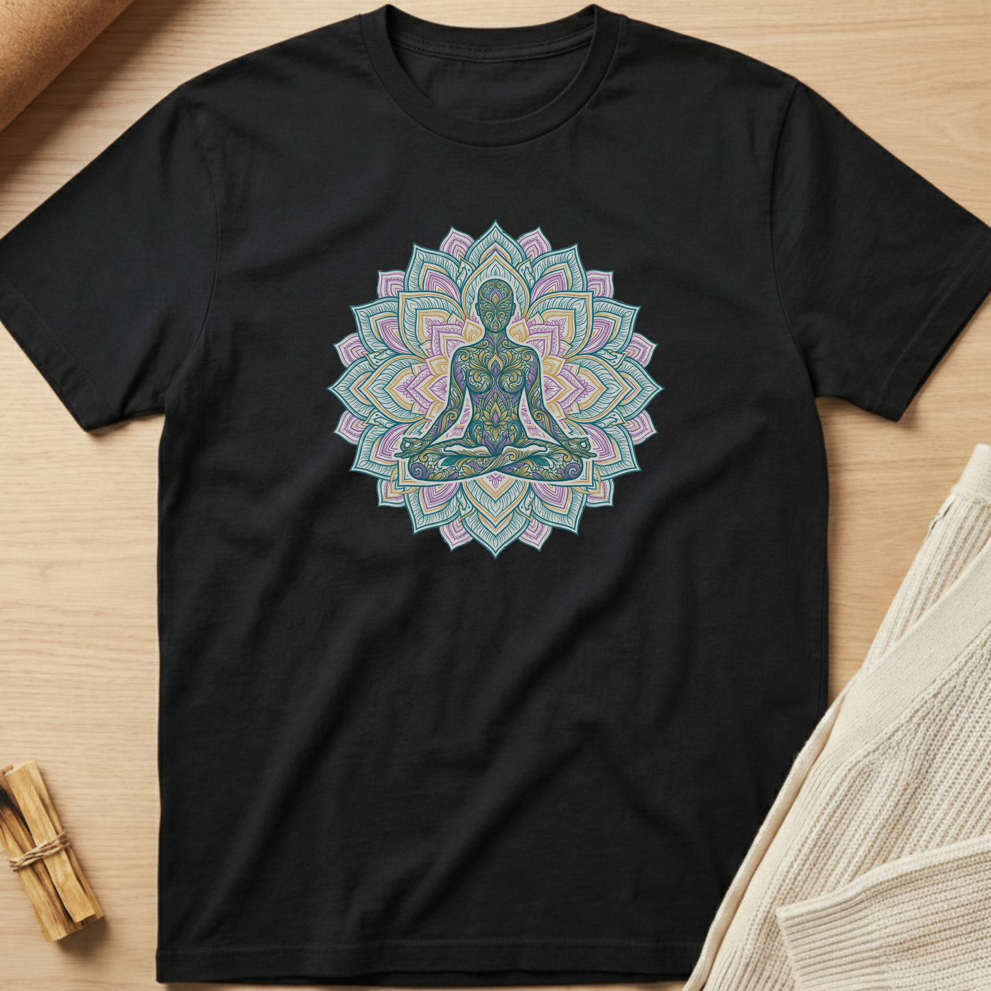 Black t-shirt with a colorful mandala design featuring a meditating figure on a wooden surface. Minimalist yoga apparel by pemuyo.
