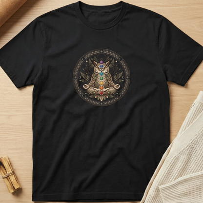 A black short-sleeve crewneck t-shirt laid flat on a light wood surface, featuring a circular graphic of a meditating owl with a chakra design on the chest. Minimalist yoga apparel by pemuyo.